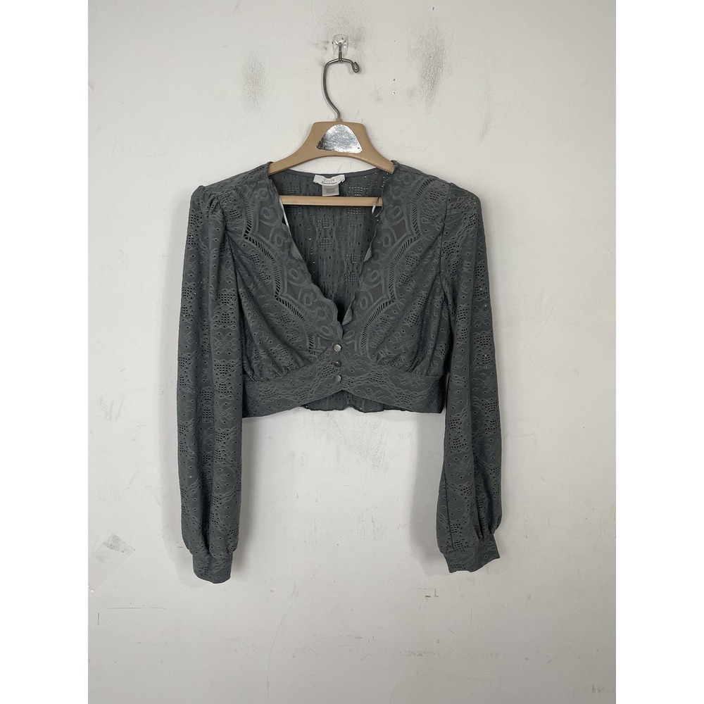 Urban Romantics Blouse Womens Large Gray Goth Punk‎ Eyelet Cottage Cropped Boho